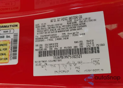 2023 Ford Mustang Ecoboost Premium Fastback z USA, uszkodzony, nr VIN 1FA6P8TH9P5102521